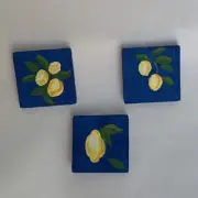 3 Dollhouse Wall Art Plaques Hand Painted Lemons On Blue Citrus Fruit 1:12 Scale