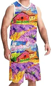 [KQNZT] Basketball Jersey with Shorts, Basketball Jersey for Women, Athletic Shirts for Team Scrimmage, Lavender Field Farmhouse