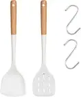 2 PCS Solid & Slotted Silicone Spatula with 2 PCS Hooks, Non-Stick Turners