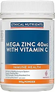 Ethical Nutrients Mega Zinc 40mg With Vitamin C Powder - Supports General Immunity, High Strength - Raspberry Flavoured - 190g
