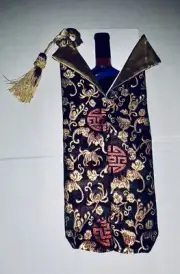 New Wine Sleeve Oriental Design 14” Long 5 1/4” Wide Bow with Tassel Black