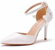 [Crystal Queen] Women's High Heel Pumps Pointed Closed Toe Sandals White Lace Pearls Strap Stiletto Heels Bridal Wedding Party Shoes