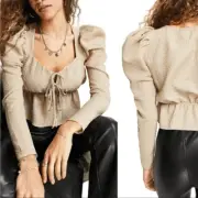 TopShop Tie Front Crop Top Puff Sleeve Shirt Tan Size 2