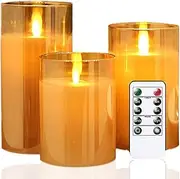 [Goldprice] Flameless LED Candle Set: Real Wax, Flickering Flame, Battery Operated with Timer Remote, Gold Glass Effect for Home Decor