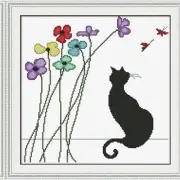 Whiskered Blooms: Easy Cross Stitch Kit with Black Cat & Floral Designs - Stampe