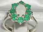 18k White Gold Natural Opal & Emerald Womens Cluster Ring - Sizes 4 to 12