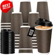 100 Pack 16 Oz Ripple Wall Paper Cups with Lids for Hot/Cold Coffee, Tea, Juice