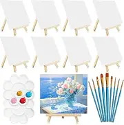 Vabrloy Pack of 8 Mini Canvas with Mini Easel, 20 x 25 cm, Mini Wooden Decoration Easel with 10 Brushes & 2 Paint Tray, Table Easel Wooden Canvas Stand Set for Painting for Drawing Table Decoration
