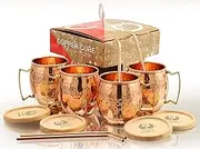 Solid Copper Mugs - Set of 4 (Gift Set) 16 Oz - Copper Hammered Mugs – 100% Handicrafted - Mugs - Copper Mugs - Copper Cups with Bonus Copper Straws & Coasters by Copper Cure