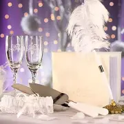 VICTORIA LYNN 8pc BRIDAL SET GUEST BOOK GARTER PEN CAKE SERVER KNIFE GLASSES Wht