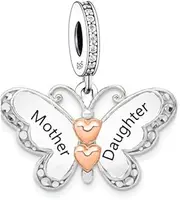 [Mon & Sons] Mother Daughter Butterfly Love Heart Rose Gold Charm Bead Pendant 925 Sterling Silver Dangle Compatible With Pandora Charm Bracelet, Metal