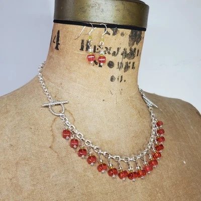 Necklace Earring & Anklet Set Handmade Beaded Charm Czech Glass Cube Dangle