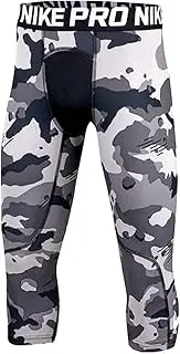 [Nike] Pro Boy s White/Grey Camo Printed (Three Quarter) Length Training/Running Tights, Compression Spandex, Style AT3001/Color 100, Size XS (Older Boys Size 6-7), PRO on Waistband