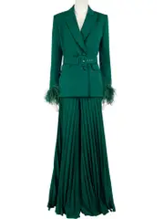 A/W22 Green Feather Trim Pleated Trousers Suit