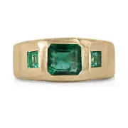 1.94tcw Natural Emerald Three Stone Matte Finish Unisex Sleek Ring 14K