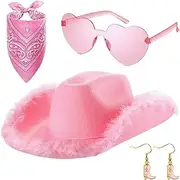 [Generic] Pink Cowgirl Hat | 4X Women Adults Cowboy Costume Cowgirl Hat - Glasses Bandana and Earrings Included Role Play Cowgirl Hat with Plush for Photography