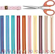Glarks 12pcs 35cm/13.77in Nylon Resin Zipper with Lifting Ring Pull Set, 10 Colors Coil Zipper Close End with Zinc Alloy Ring Puller and Scissors, Soft Tape Measure Kit Sewing Zipper for Sewing Craft