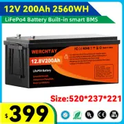 12V 200Ah LiFePO4 lron Lithium Battery W/BMS Solar Boat RV Marine Camping Power