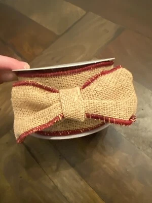Burlap Ribbon Bolt with Burgundy Wired Edges One Sided 2.5 inch