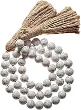 Farmhouse Wood Bead Garland Home Decor, Natural Wooden Beads for Tiered Tray, Decorative Tassel for Tier Tray, Rustic Centerpiece Boho Table Decor, White Washed Accent