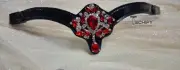 Show Stopper Black Patent Leather Browband with Red Crystal Rhinestone Brooch