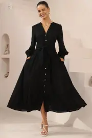 Anne Midi Dress - Mandarin Collar Waist Tie Detailed A Line Dress in Black