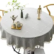 Plobeca Boho Round Tablecloth with Tassel Cotton Linen Table Cloth Big Plaid tablecloths Farmhouse Table Cover for Kitchen Dinning, Outdoor Picnic (Lght Gray, Diameter 60cm/24in)
