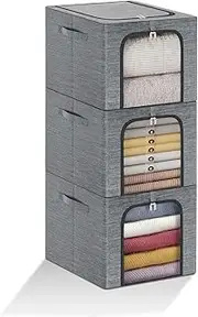 31L Clothes Storage Bags, 3 Pack Foldable Storage Bins Box with Metal Frame, Thick Stackable Closet Organizers Container Set with Handles Clear Window