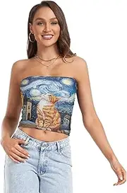 [RPLIFE] Cute Orange Cat Starry Night Coastal Summer Tops, Strapless Tube Tops for Women, Mesh Tube Tops, Trendy Crop Tops (S)