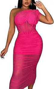 [Mojessy] Women's Two Piece Outfits See Through Mesh Patchwork One Shoulder Crop Tops Ruched Long Dress Skirt Set