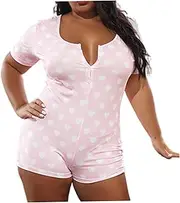 [Comebachome] Valentines Day Jumpsuits for Women, Hearts Printed V-Neck Sexy Jumpsuits, Button Down Shorts One-Piece Pajamas