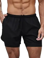 [Oddfah] Men's Sports Shorts 2 in 1 Shorts Quick-Drying Fitness Running Trousers Breathable Running Shorts with Mobile Phone Pocket Sports Shorts, Black, L