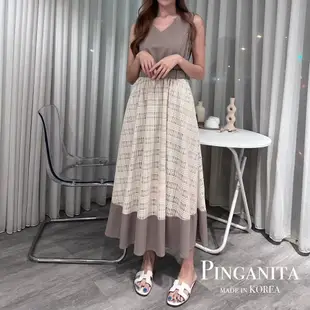 【Pinganita】韓國v領蕾絲拼接無袖長洋裝 卡其色