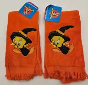 Pair 1997 Looney Tunes Tweety Bird Orange Halloween Embroidered Fingertip Towels