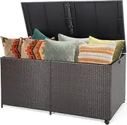 [RELAX4LIFE] 175-Gallon Storage Deck Box - Outside Wicker Storage Container with Zippered Liner, 2 Universal Wheels, Gas Strut, Patio Rattan Storage Bin for Backyard, Front Porch Outdoor Box, Brown