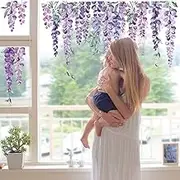 Summer Purple Flower Double Sided Window Clings Hanging Vine Wisteria Floral Leaf Window Decals Anti-Collision Glass Doors Window Stickers,DM0951A