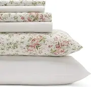 [Laura Ashley] Queen Sheets, Cotton Percale 6-Piece Bedding Set, Crisp & Cool Home Decor (Marissa Coral, Queen)