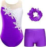 [TiaoBug] Kids Girls Gymnastics Leotards Set One Piece Sleeveless Tumbling Outfits with Matching Shorts and Hair Band