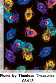 Peacock Plume Feathers on Black cotton quilt fabric Timeless Treasures BTY C8413