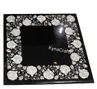 Black Marble Coffee Table Top Floral Design Inlay Work Center Table for Office