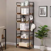 HOMFURN 6 Tier Industrial Bookshelf with 4 Hooks, Vintage Wood Bookcase, Big Storage Rack with Open Shelves, Free Standing Bookshelves Metal Frame Display Rack for Living Room,Bedroom, Brown