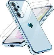 [LeYi] for Samsung Galaxy A35 5G Case: with Tempered Glass Screen Protector [2 Pcs]+ Full Camera Lens Protection, Love Heart Plating Girly Cute Luxury Soft TPU Shockproof Case for A35 5G, Sierra Blue