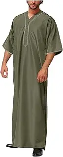 [Generic] 2025 Mens V-Neck Kaftan Robe Long Sleeve Button Down Muslim Robe Big And Tall Thobe Loose Lightweight Long Nightshirtb