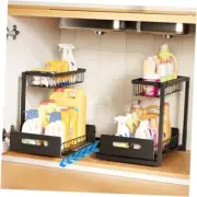 Under Sink Organizer,Metal Pull Out Cabinet Organizer 2 Pack Black