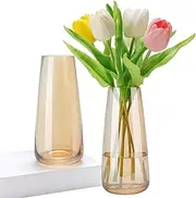 [SOJOCK] 2 Pack Amber Glass Vases for Centerpieces 8 Inch Tall and Large Modern Crystal Flower Vases for Bouquet Home Office Decor,Birthday,Formal Dinner and Wedding Vase Unique