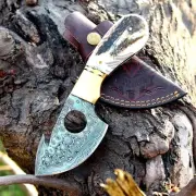 Damascus Knife, Antler Knife, Hand Forged Fixed Blade Knife, Gut Hook Knife
