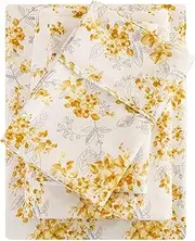 [Mooreeke] Floral Queen Bed Sheets, Soft Microfiber Yellow Flower Printed Bedding Sheets & Pillowcases, Deep Pocket Non-Slip Vintage Pattern Queen Sheet