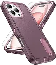Phone Case for iPhone 16 Pro 6.3 inch with Tempered Glass Screen Protector Cell Cover Hybrid Hidden Stand Rugged Shockproof Hard Heavy Duty Protective i Phone16 i16 16Pro Women Men (Purple+Pink)