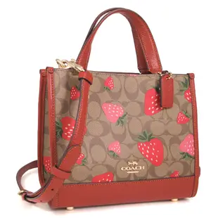 COACH DEMPSEY 防潑水草莓印花小托特紙袋兩用包(卡其紅)