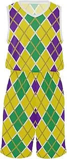 [GuoChe] Basketball Jersey Shorts Set Mardi Gras Carnival Purple Green Yellow Rhombus Basketball Jerseys for Men Youth